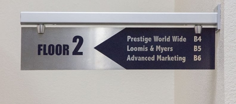 Wayfinding blade sign made with StructureLite square components and EZ grippers. Extrusion nuts (Gyford Custom Nuts) inside of profile slot create a mounting stud. Mounting to wall is done with four wall mount screws and nylon anchors to drywall